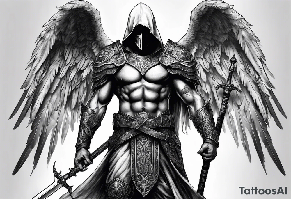 realistic full body of man angel of death, without face, with armour, holding sword in right hand tattoo idea