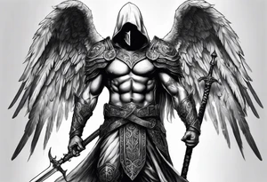 realistic full body of man angel of death, without face, with armour, holding sword in right hand tattoo idea