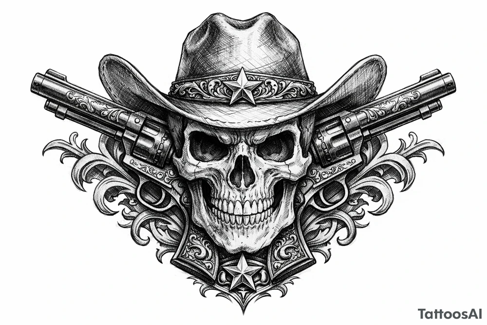 A skull in a cowboy hat, pistols emerging from the sides, detailed Western engraving. tattoo idea