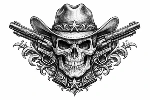 A skull in a cowboy hat, pistols emerging from the sides, detailed Western engraving. tattoo idea