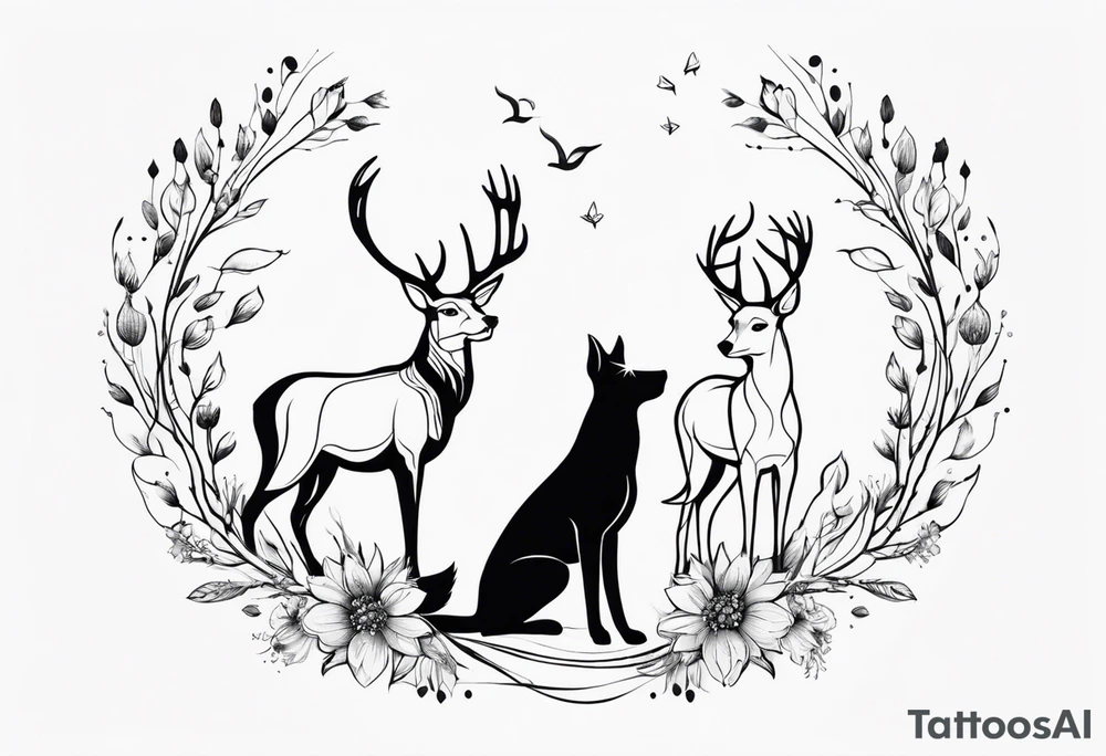 Huntig dog an deer next to each other, circle around the tattoo with flowers tattoo idea