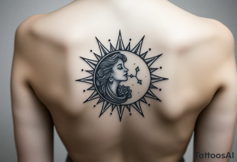 celestial sun and moon embrace with constellation patterns tattoo idea celestial sun and moon embrace with constellation patterns tattoo idea