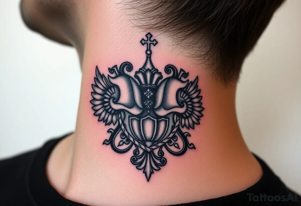 russian coat arms in a russian christian orthodox style virgin mary & orthodox dome church on the side of the neck tattoo idea