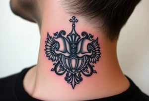 russian coat arms in a russian christian orthodox style virgin mary & orthodox dome church on the side of the neck tattoo idea