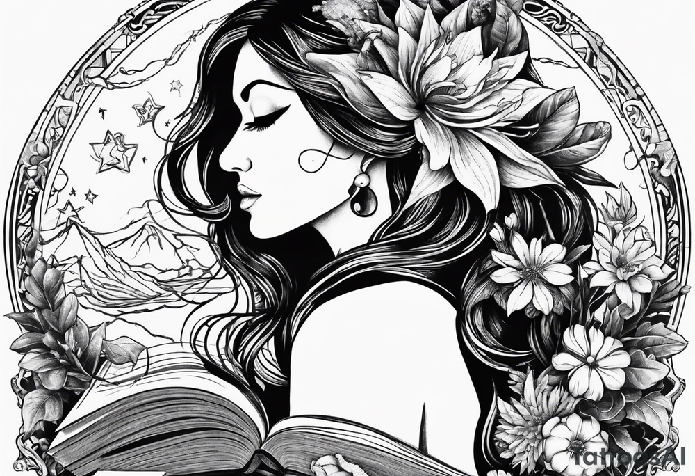 A long tattoo that includes a snake, books, stars and poisonous flowers tattoo idea