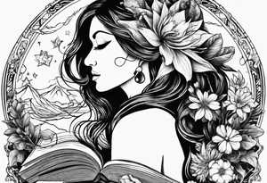 A long tattoo that includes a snake, books, stars and poisonous flowers tattoo idea
