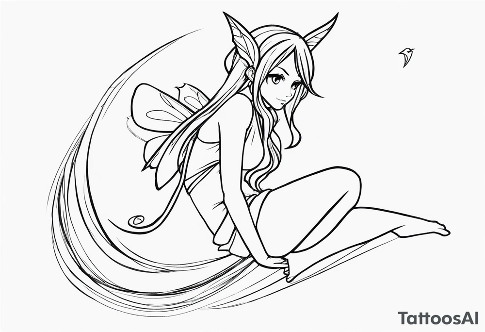 No color sketch of a fairy with a tail inspired by the guild symbol in the anime show called Fairy Tail in a fetal position leaning forward while crawled in hugging herself with hands a bit forward and her body is an angle while floating in the air tattoo idea
