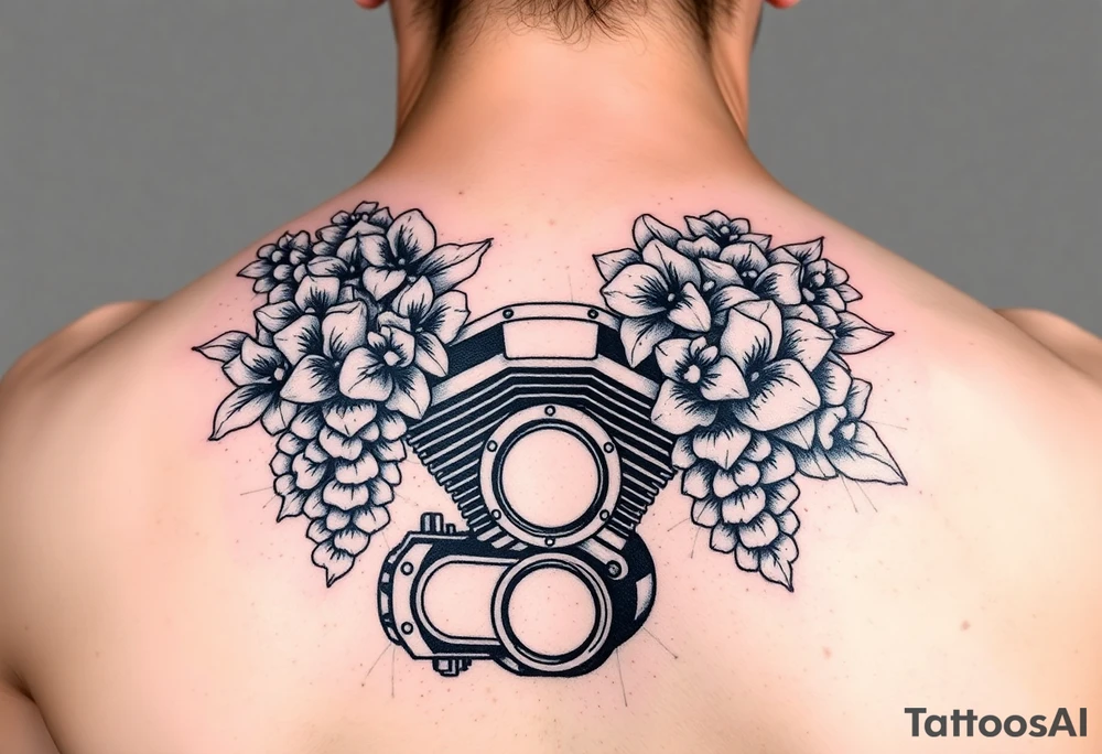 Motorcycle engine with lilacs tattoo idea