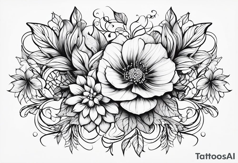 fine line flowers, minor geometric aspects, vines. Utilize some negative space. tattoo idea