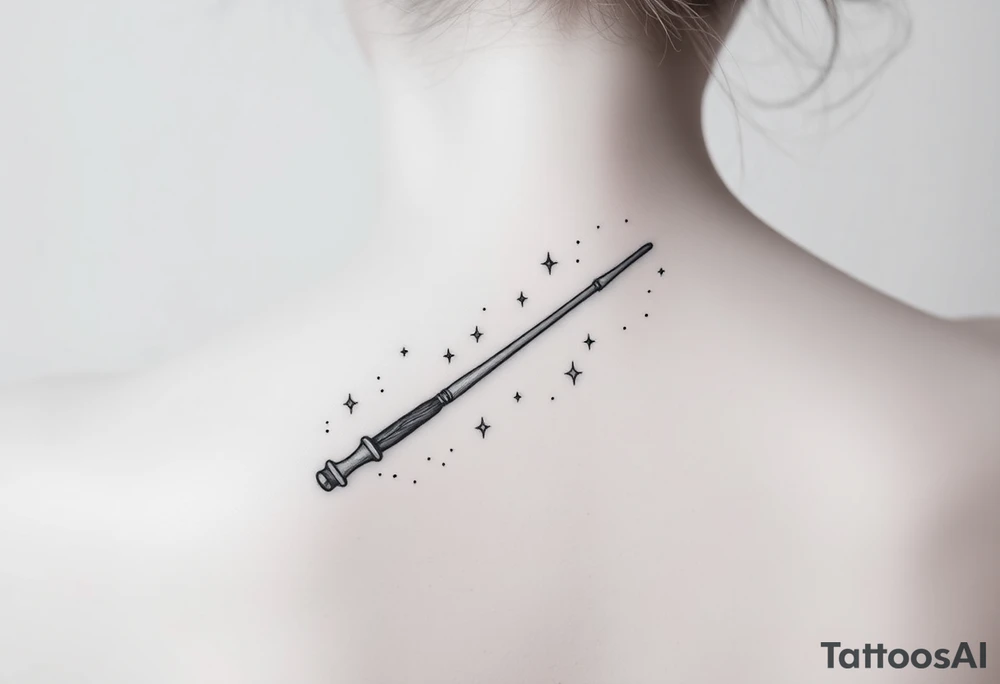 A magic wand (hermione's) with magic dust all around it and a ladybud kind of exiting the wand and somme small detail around it that would do a piggyback on harry poter like a lightning, harry's glasses, etc... tattoo idea