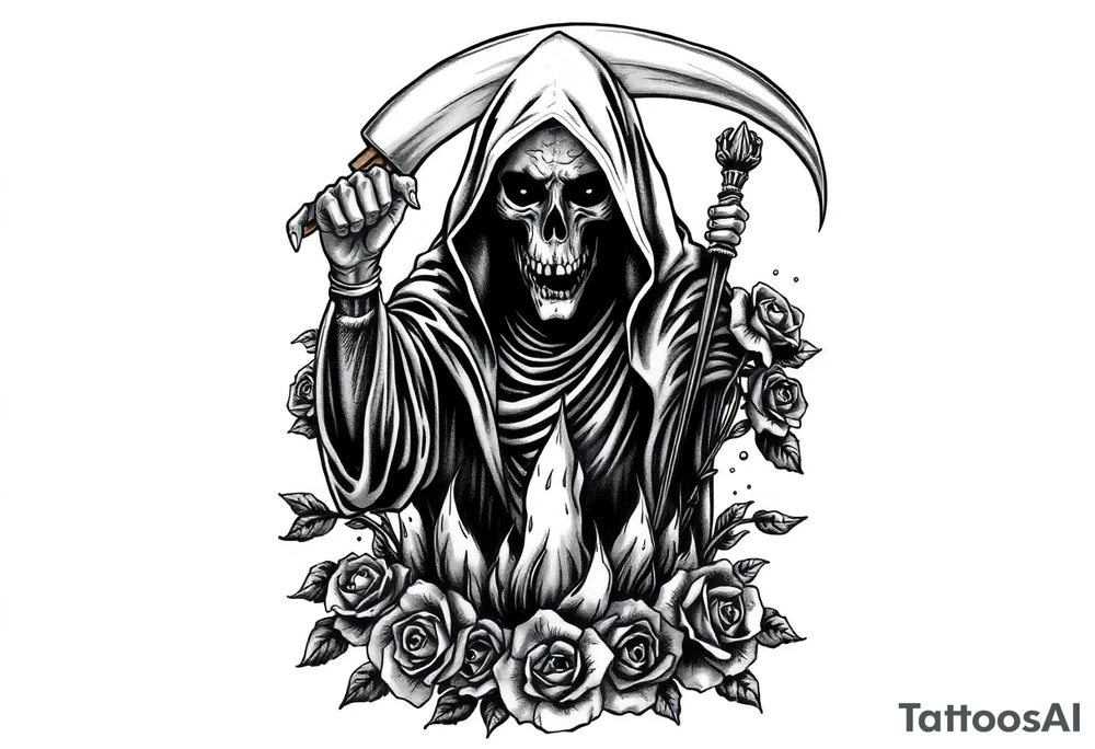 Powerful and evil grim reaper rising from the ashes of hell, surrounded by unclaimed souls and roses tattoo idea
