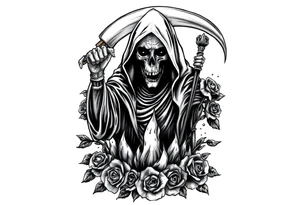 Powerful and evil grim reaper rising from the ashes of hell, surrounded by unclaimed souls and roses tattoo idea