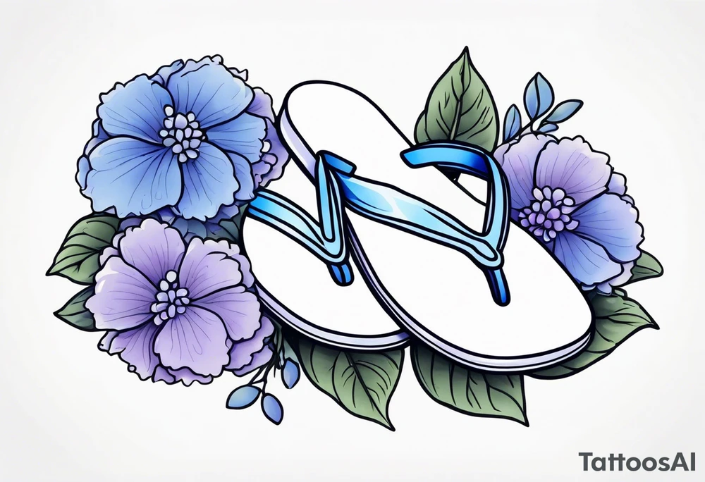 small tattoo of a light periwinkle flip flop surrounded by blue and lavender hydrangea flowers tattoo idea