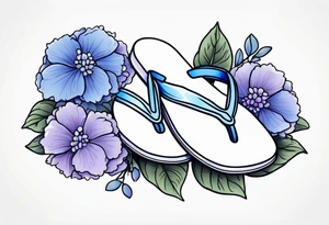 small tattoo of a light periwinkle flip flop surrounded by blue and lavender hydrangea flowers tattoo idea