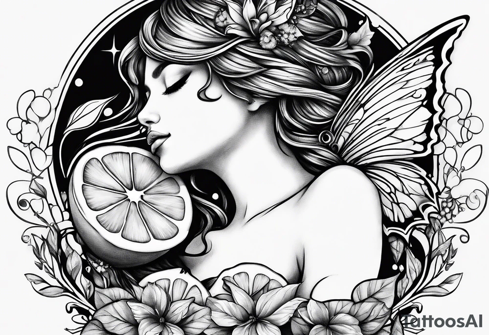 Fairy asleep on half a lemon tattoo idea