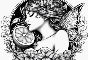 Fairy asleep on half a lemon tattoo idea