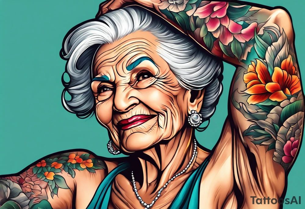 Muscular old lady showing off muscles. tattoo idea