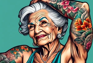 Muscular old lady showing off muscles. tattoo idea