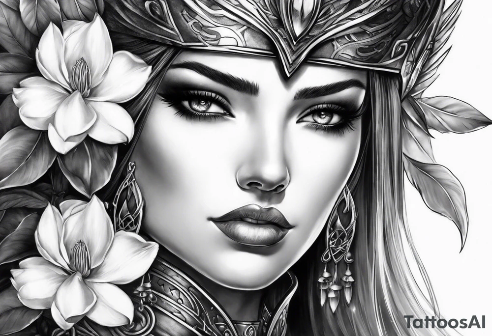 female warrior face with magnolias tattoo idea