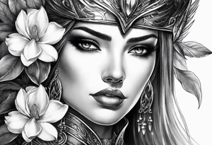female warrior face with magnolias tattoo idea