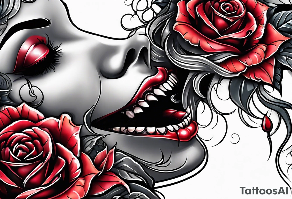 Sexy vampire mouth biting rose tattoo idea