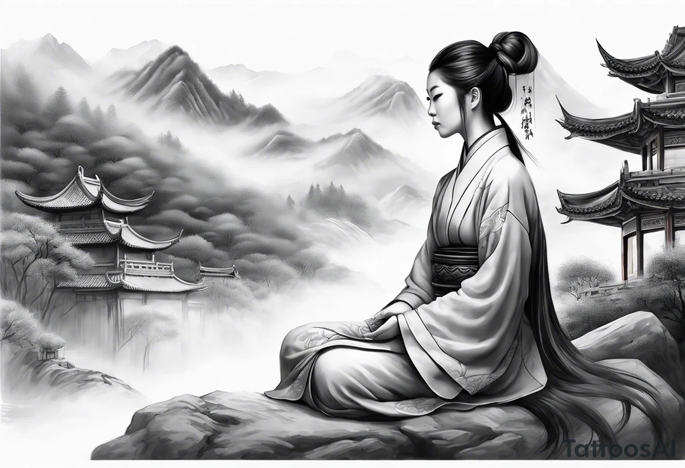 forearm sleeve traditional chinese art painting style autumn mountains mist fog water Chinese temple female with pony tail wearing robes seated meditating in the distance tattoo idea