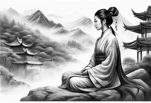 forearm sleeve traditional chinese art painting style autumn mountains mist fog water Chinese temple female with pony tail wearing robes seated meditating in the distance tattoo idea