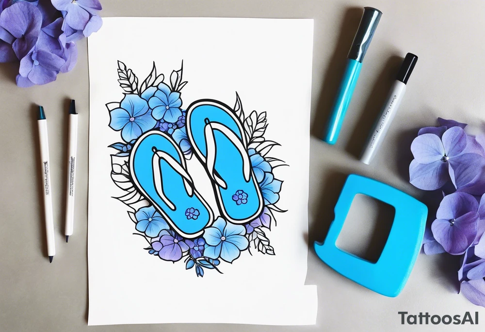 small tattoo of a pastel blue flip flop surrounded by blue and lavender hydrangea flowers tattoo idea