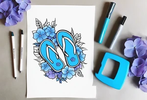 small tattoo of a pastel blue flip flop surrounded by blue and lavender hydrangea flowers tattoo idea