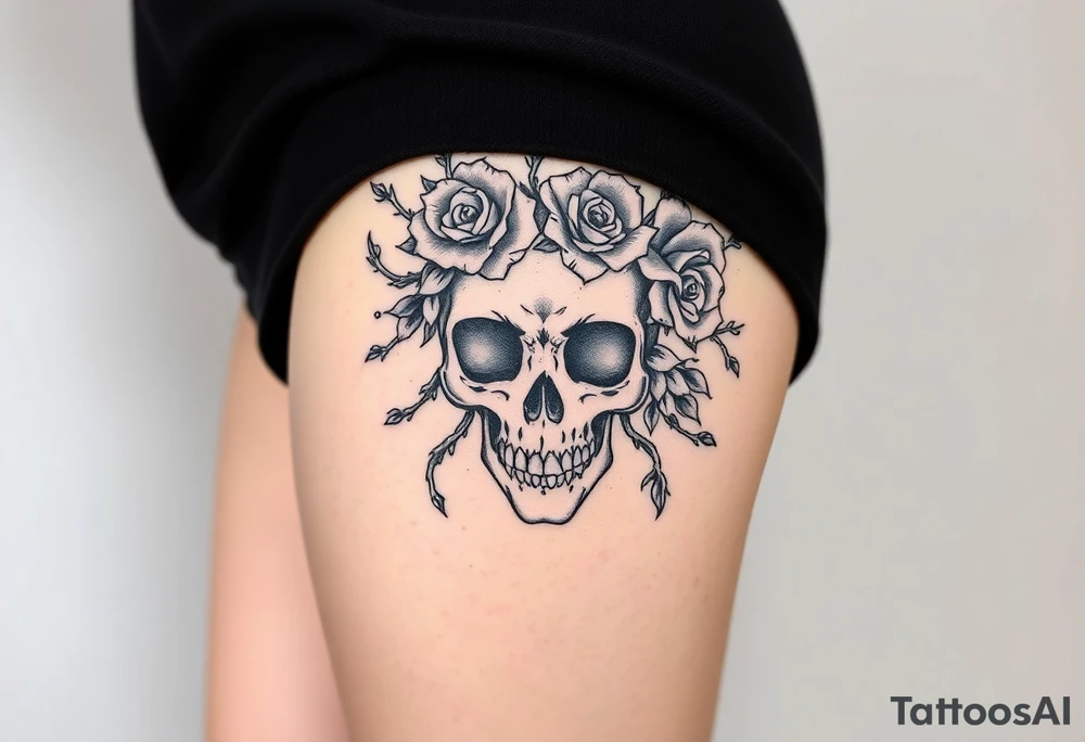 ornate skull adorned with crown of wild roses and thorns tattoo idea