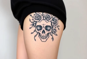 ornate skull adorned with crown of wild roses and thorns tattoo idea