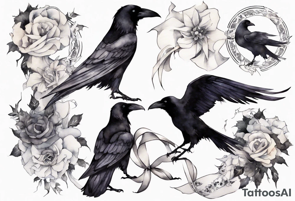 raven wearing a white ribbon around her foot tattoo idea