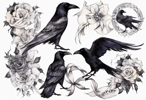 raven wearing a white ribbon around her foot tattoo idea