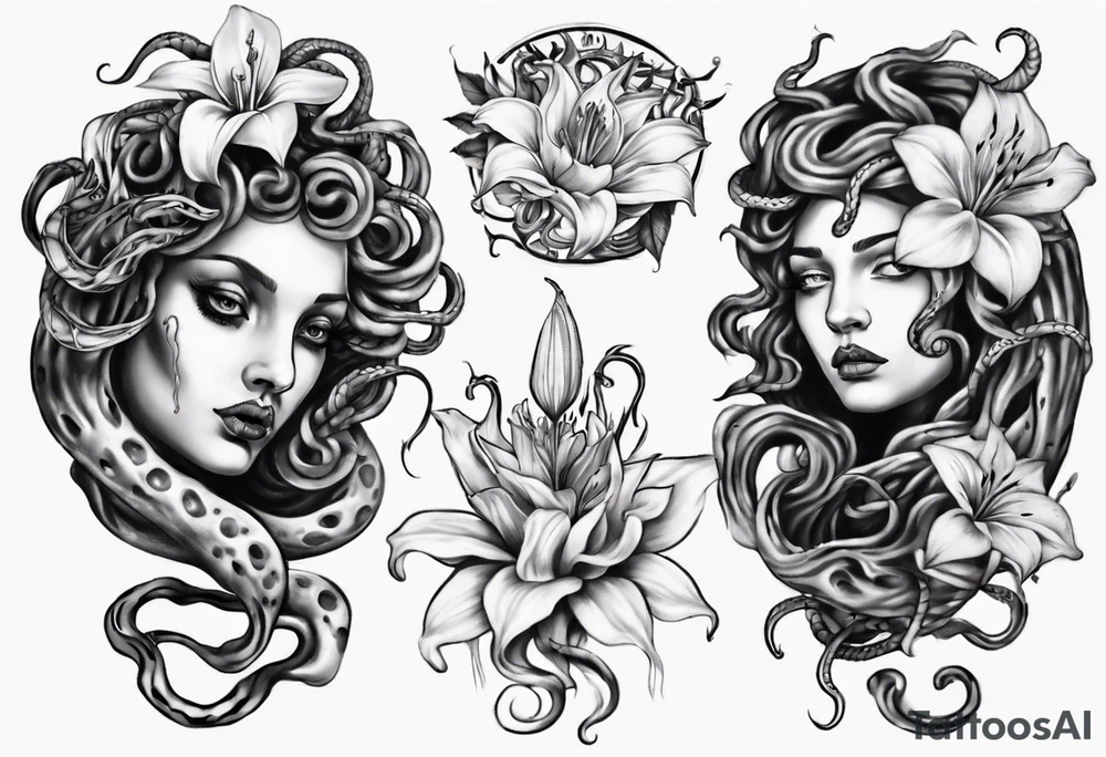 Medusa with no pupils and lilys tattoo idea