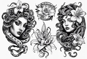 Medusa with no pupils and lilys tattoo idea