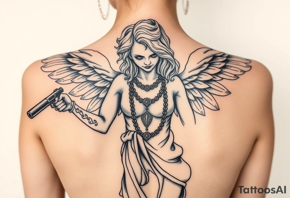 old tattooed angel statue in criminal style, weapons in hand, gangster-style gold necklaces tattoo idea