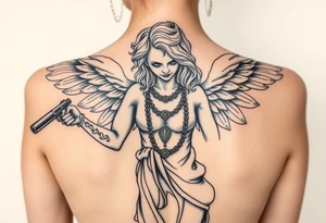 old tattooed angel statue in criminal style, weapons in hand, gangster-style gold necklaces tattoo idea