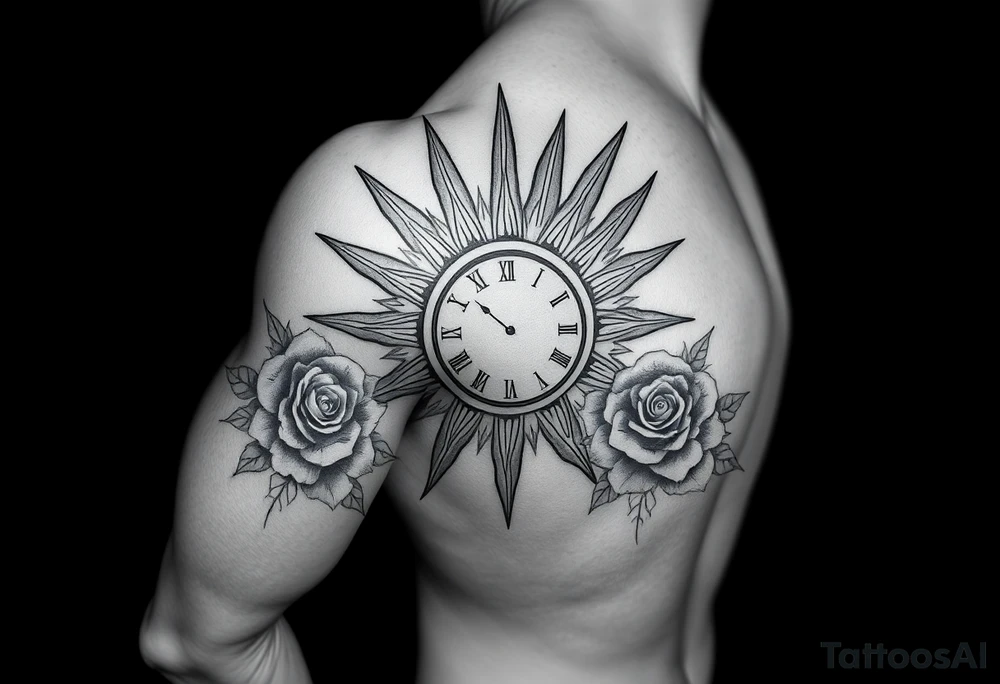 Shoulder sun with rays with a clock on elbows with roses tattoo idea