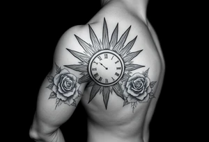 Shoulder sun with rays with a clock on elbows with roses tattoo idea