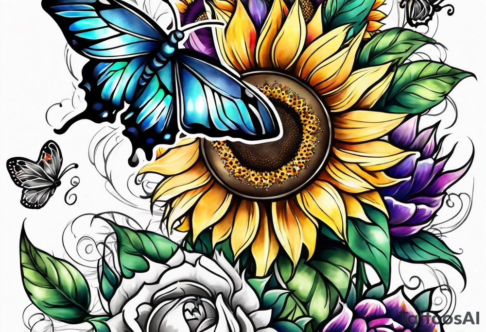 arm sleeve with cross, rainbow sunflowers and butterflies tattoo idea