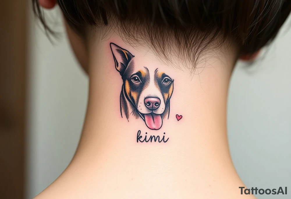 One line tattoo of female dog with white strip going up dog’s snout slightly off centered. Brown brindled and the dogs tongue slightly out with  the name kiwi and Just the colors black  white brown with a small heart near by tattoo idea