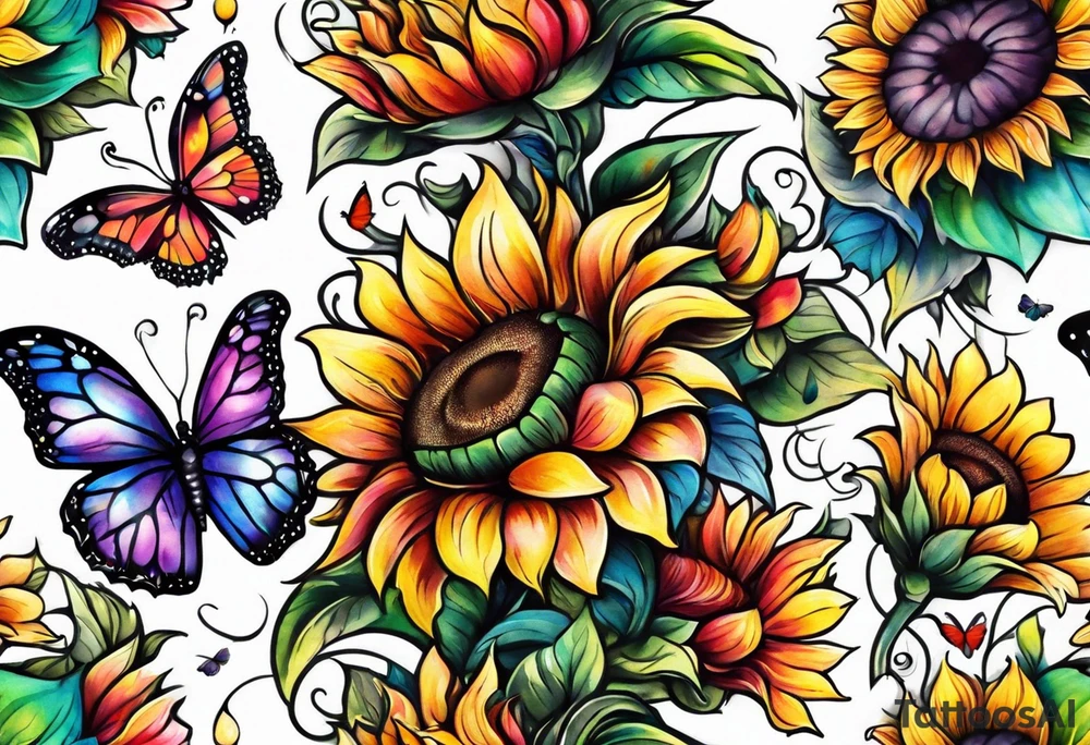 arm sleeve with cross, rainbow sunflowers and butterflies tattoo idea