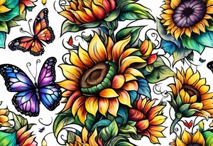 arm sleeve with cross, rainbow sunflowers and butterflies tattoo idea