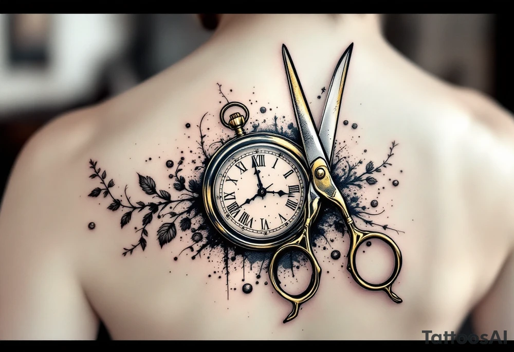 Scissors and Clock Tattoo – A vintage-style pair of brass scissors placed near an old-fashioned pocket watch, with black and gold tones to create a sense of timelessness, symbolizing the passage of time and the precision of moments. tattoo idea