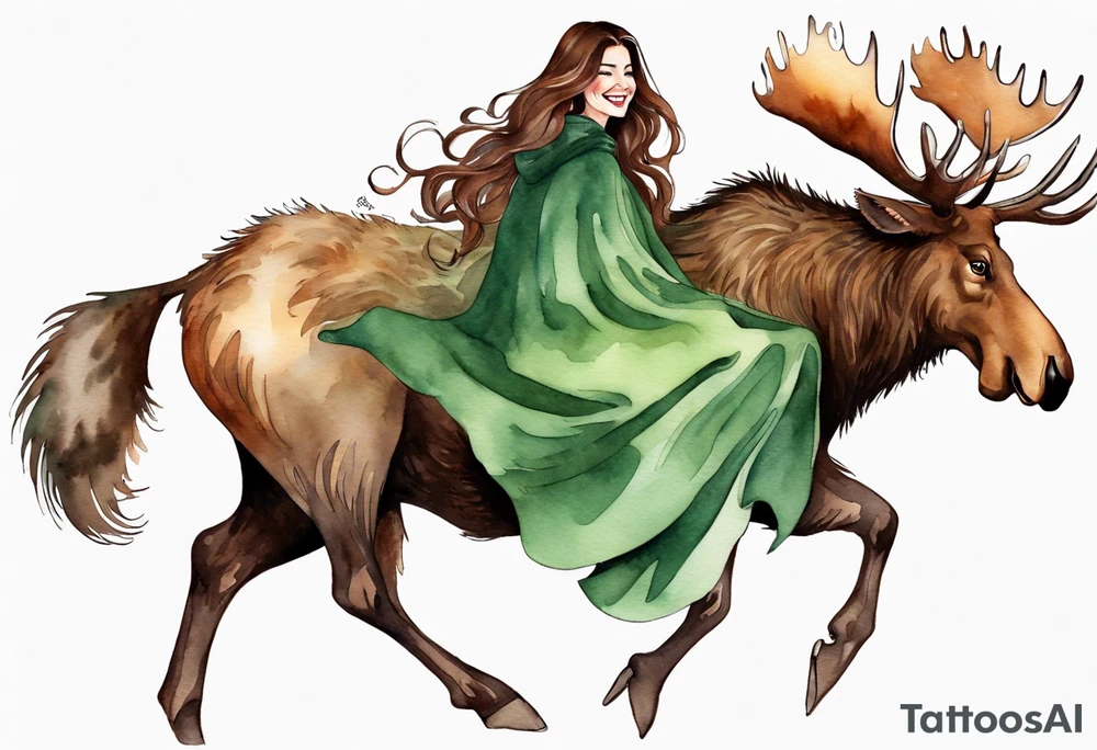 a watercolor of a curvy woman with long brown hair and brown skin and green eyes wearing a fur cloak laughing riding on the back of a moose tattoo idea