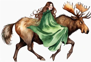 a watercolor of a curvy woman with long brown hair and brown skin and green eyes wearing a fur cloak laughing riding on the back of a moose tattoo idea