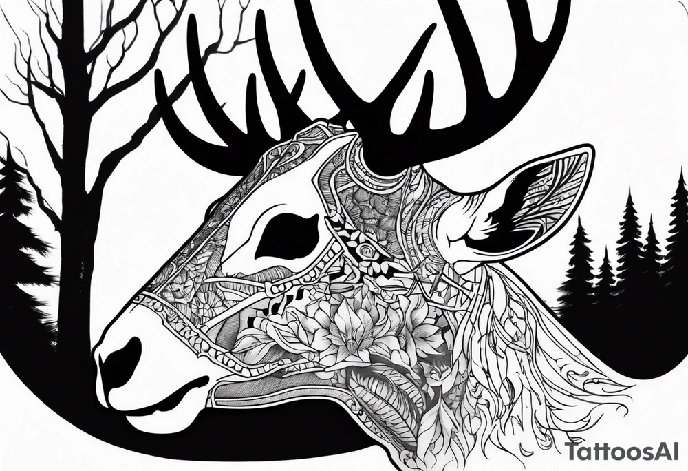 side profile of a DECAYING deer skull JUST BONE lore accurate surrounded by a flames and trees tattoo idea