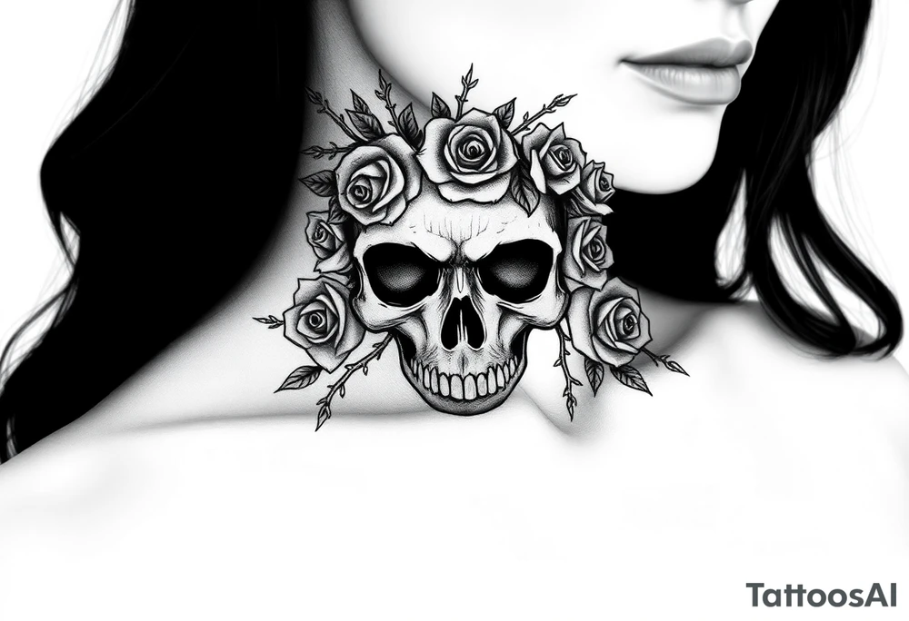 ornate skull adorned with crown of wild roses and thorns tattoo idea