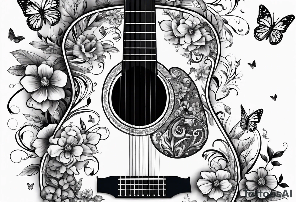 Guitar in shape of treble clef with flowers growing off the side, butterflies, small tattoo idea