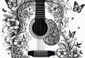 Guitar in shape of treble clef with flowers growing off the side, butterflies, small tattoo idea